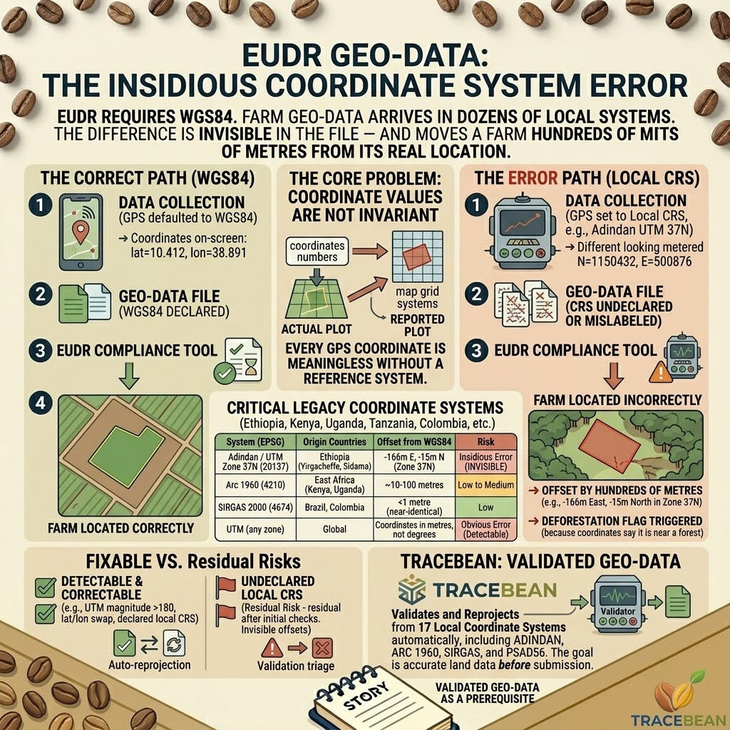 Coordinate system errors in EUDR farm geo-data — WGS84 vs local projections