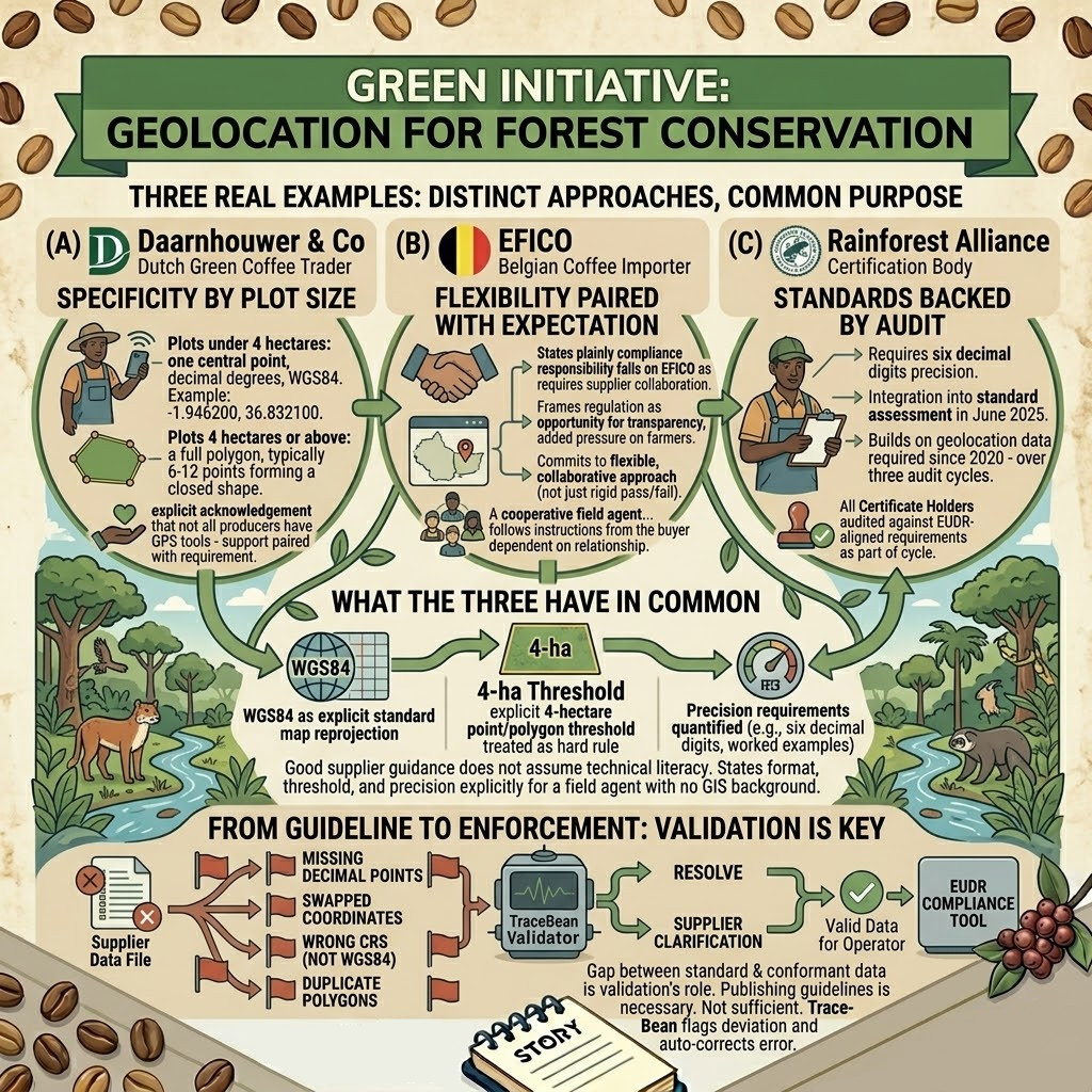 Comparing supplier geo-data guidelines from Daarnhouwer, EFICO, and Rainforest Alliance