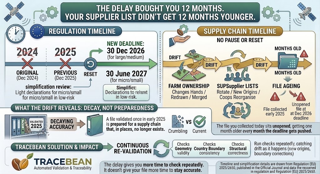 Timeline showing the EUDR application date moved to December 2026, with supplier farm data continuing to change underneath it