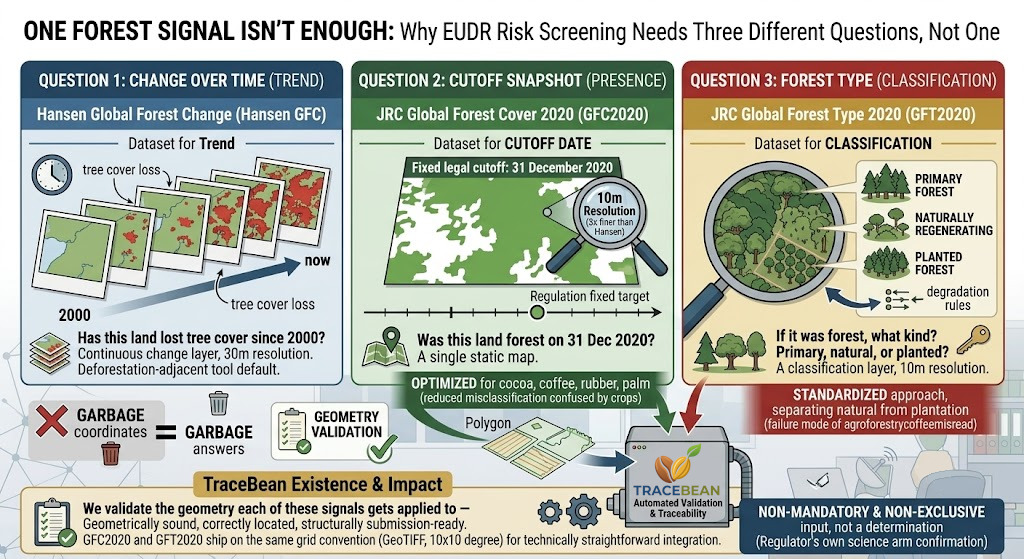 Diagram comparing Hansen Global Forest Change, JRC GFC2020, and JRC GFT2020 as three different forest-risk questions