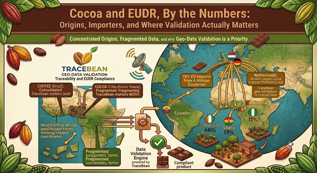 Map and chart of EU cocoa import origins and top EU importing countries