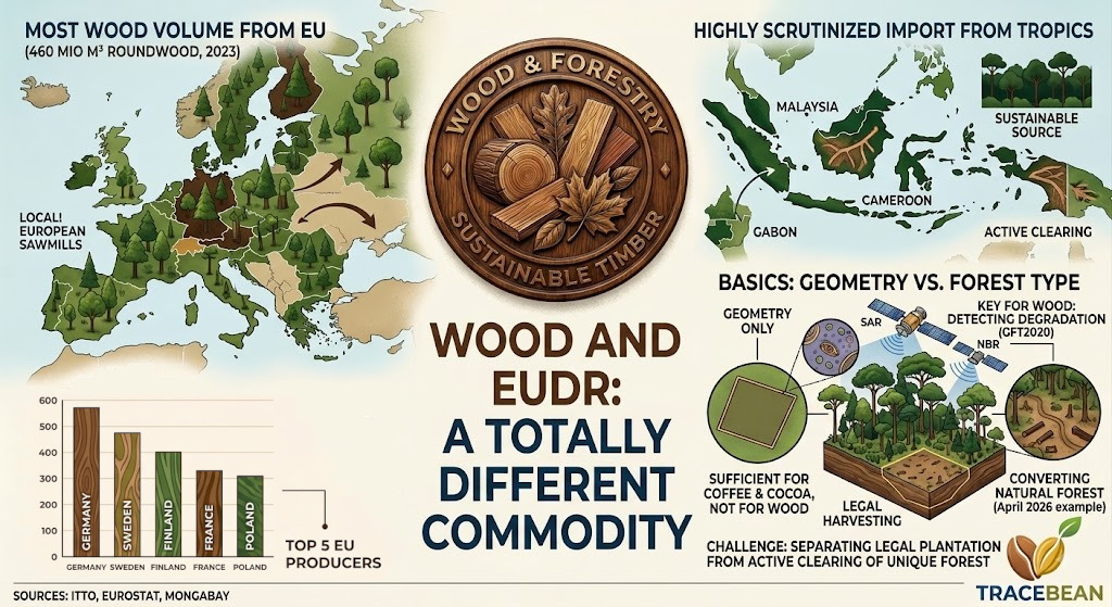 Comparison of EU domestic timber production versus tropical timber imports, and the deforestation-versus-degradation detection gap