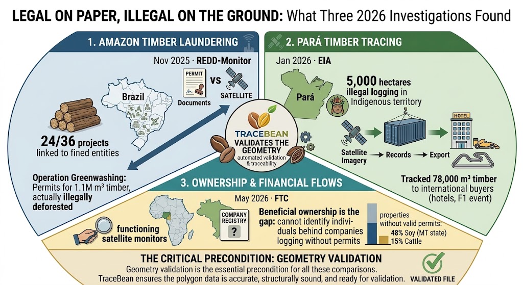 Diagram showing a legal permit document next to a satellite image of active deforestation on the same land parcel