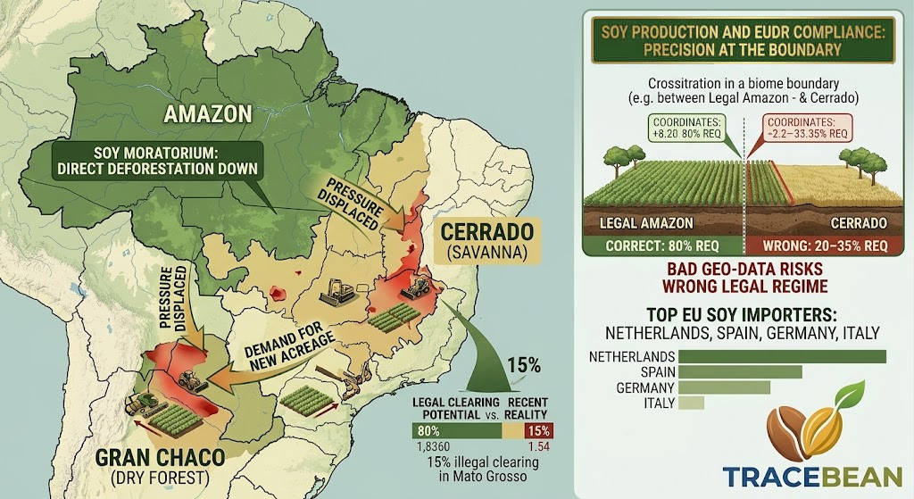 Map showing soy-driven deforestation pressure shifted from the Amazon into Brazil's Cerrado and the Argentina-Paraguay Gran Chaco