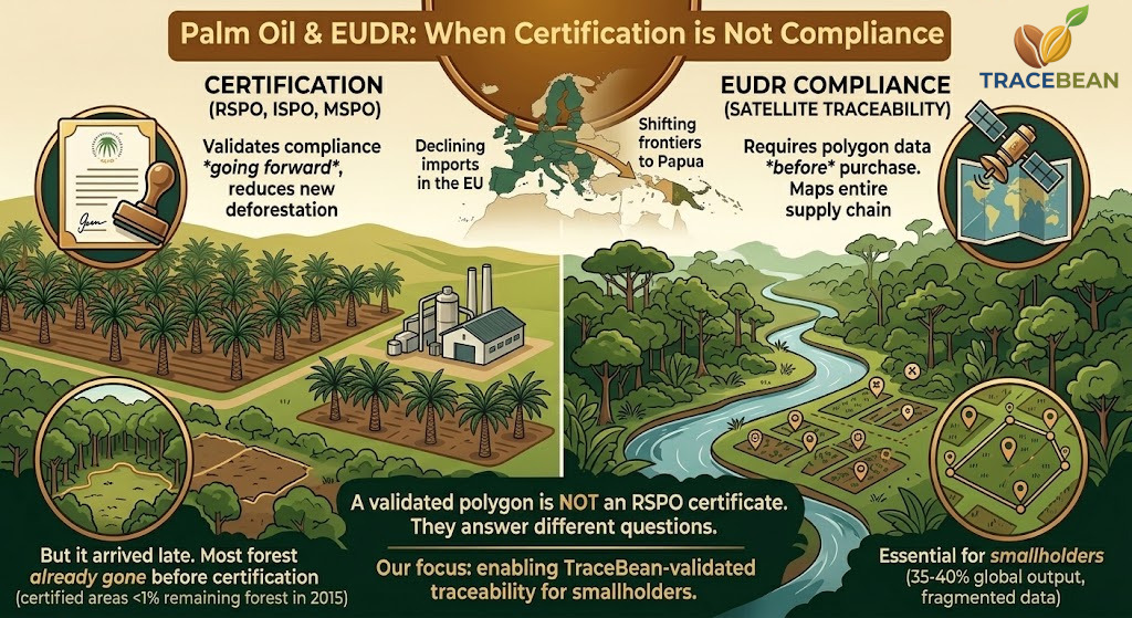Map of EU palm oil import origins declining over time, alongside a diagram of RSPO certification timing versus forest loss