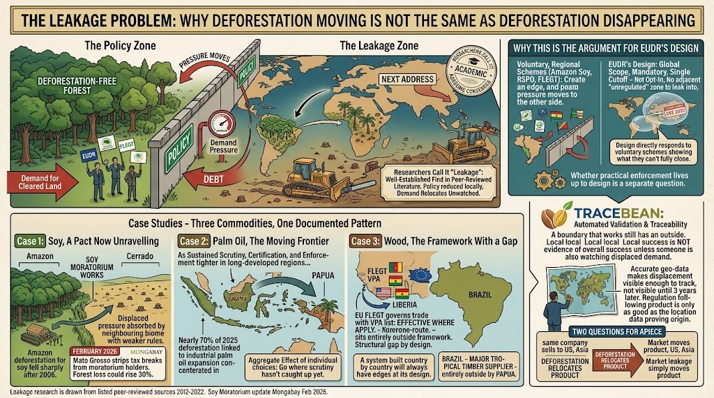 Diagram showing deforestation pressure shifting from a protected region to an adjacent, less-protected region across soy, palm oil, and timber