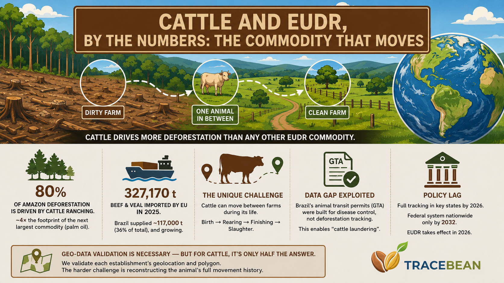 Diagram showing cattle moving from a deforestation-linked ranch to an intermediary farm before reaching a slaughterhouse, illustrating cattle laundering