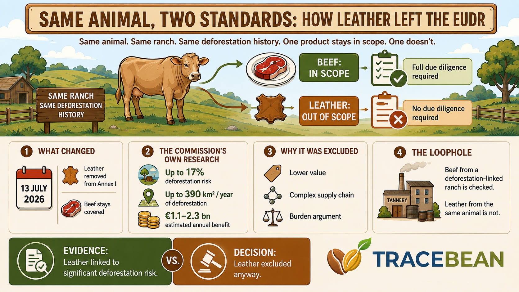 Diagram showing one cow producing both meat, which remains regulated under EUDR, and hide, which was removed from scope in July 2026