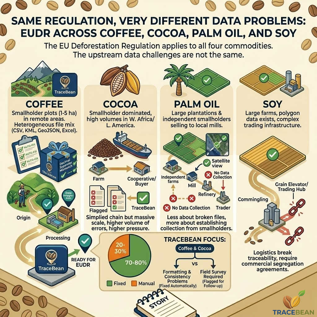 Same EUDR regulation, four very different upstream data challenges.