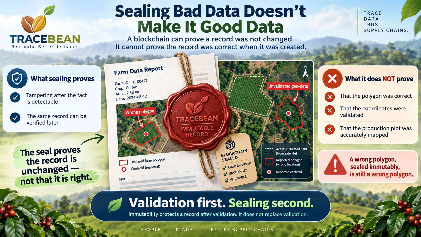 Diagram of a wax seal stamped over a document containing a visibly wrong farm polygon, showing the seal proves the document is unchanged, not that its content is correct