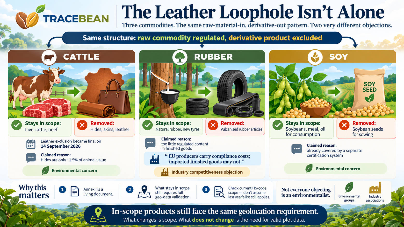 Diagram showing three commodities — cattle, rubber, soy — each with a raw form still regulated under EUDR and a derivative form now excluded, with two different objection sources labelled: environmental groups and an industrial trade association