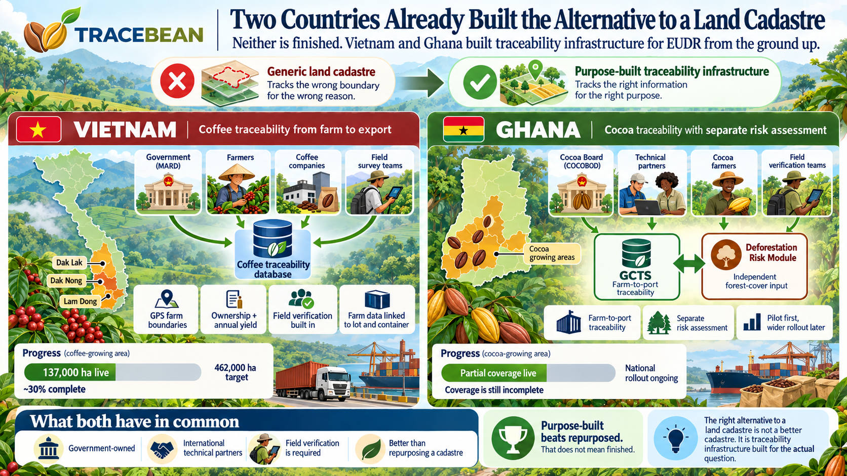 Map illustration showing Vietnam and Ghana with icons representing government agencies, industry partners, and field verification teams feeding into a shared national coffee and cocoa traceability database