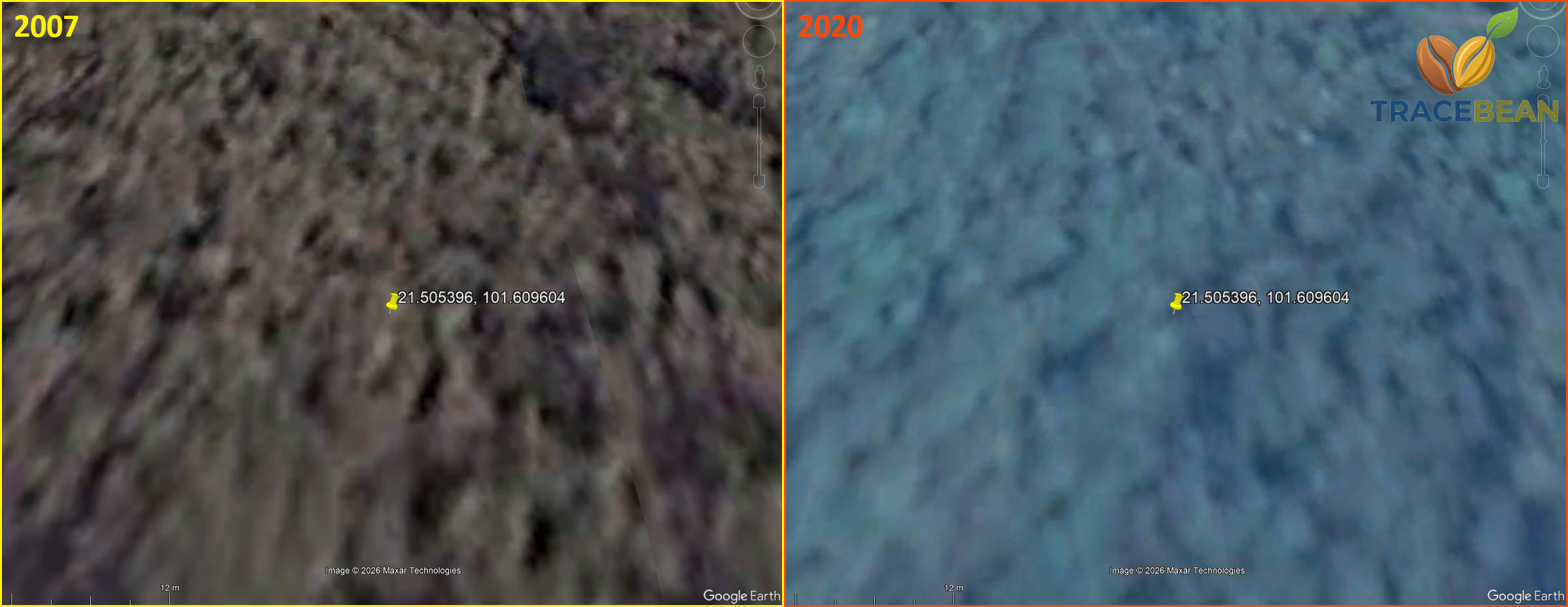 Side-by-side heavily blurred 2007 and 2020 satellite imagery at maximum zoom (~12 m field of view), showing no distinguishable detail in either frame