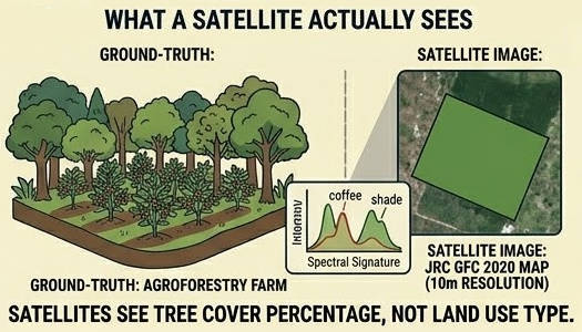 What a satellite sees — spectral signature of agroforestry vs forest
