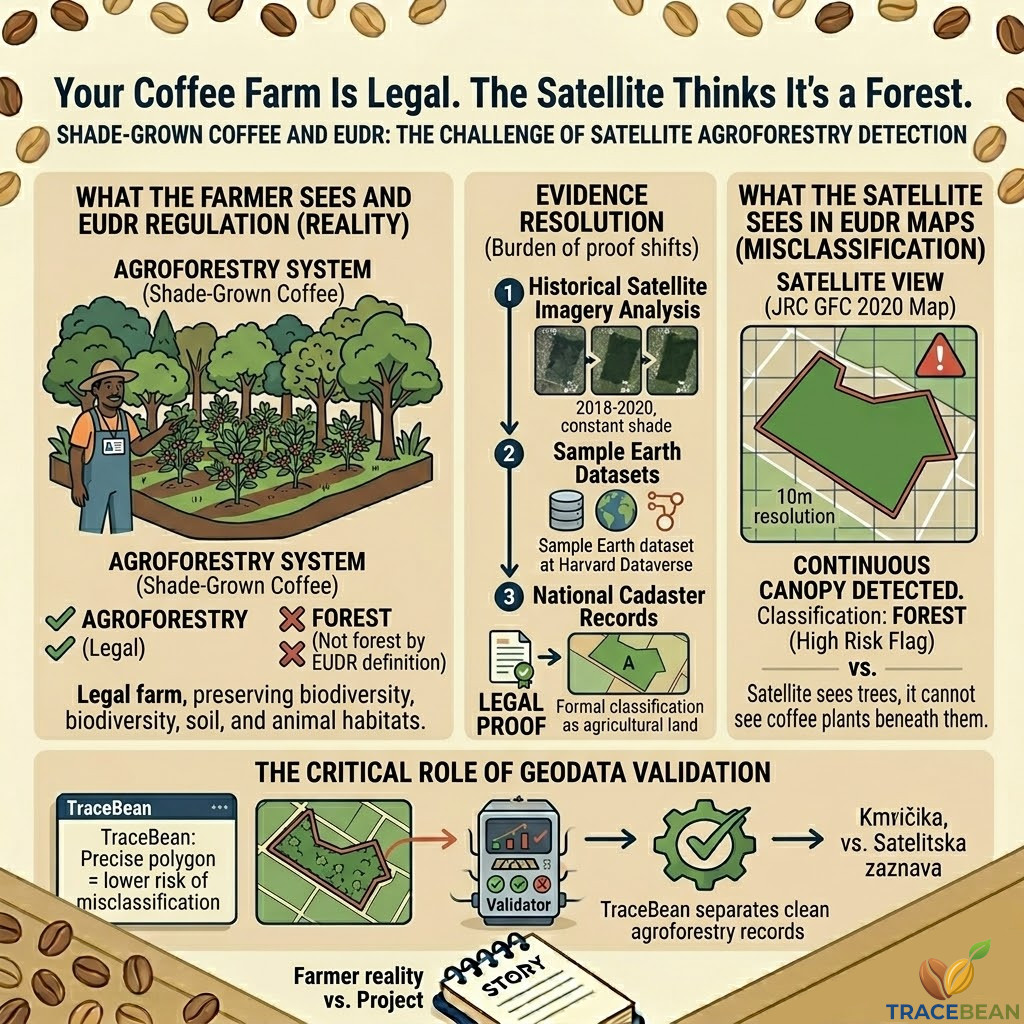 Agroforestry coffee under shade trees — EUDR satellite misclassification